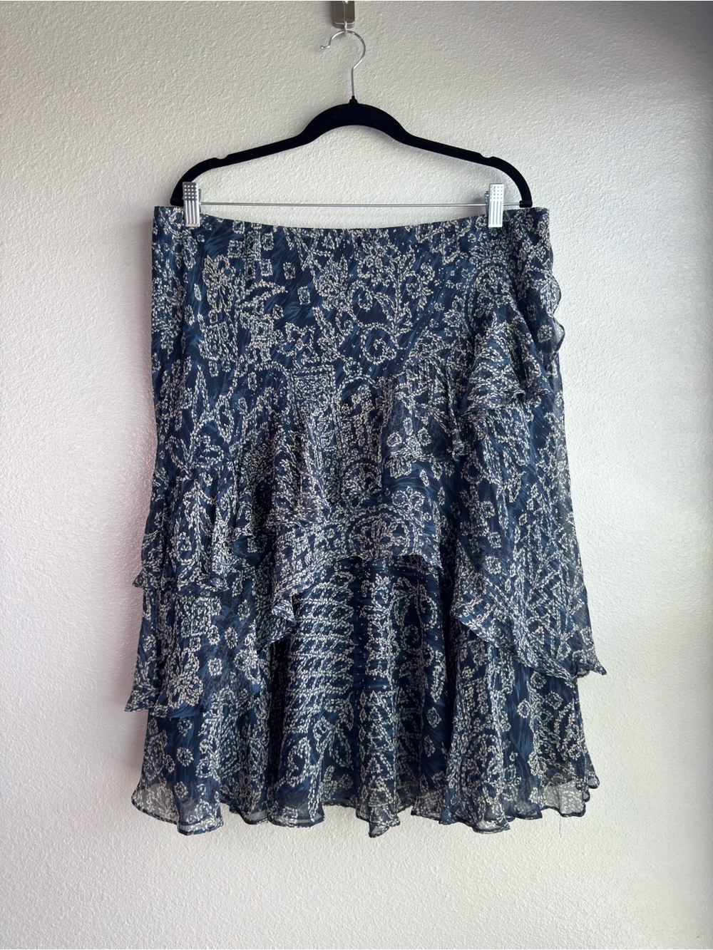 Ralph Lauren 100% Silk Navy Blue Floral Tiered Skirt 100% Silk - Size XL